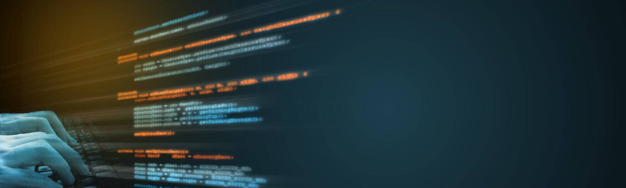 Software source coding. Programmer using finger typing on keyboard with overlay text. Concept for software development life cycle (SDLC), Capability Maturity Model Integration (CMMI), Agile, Scrum