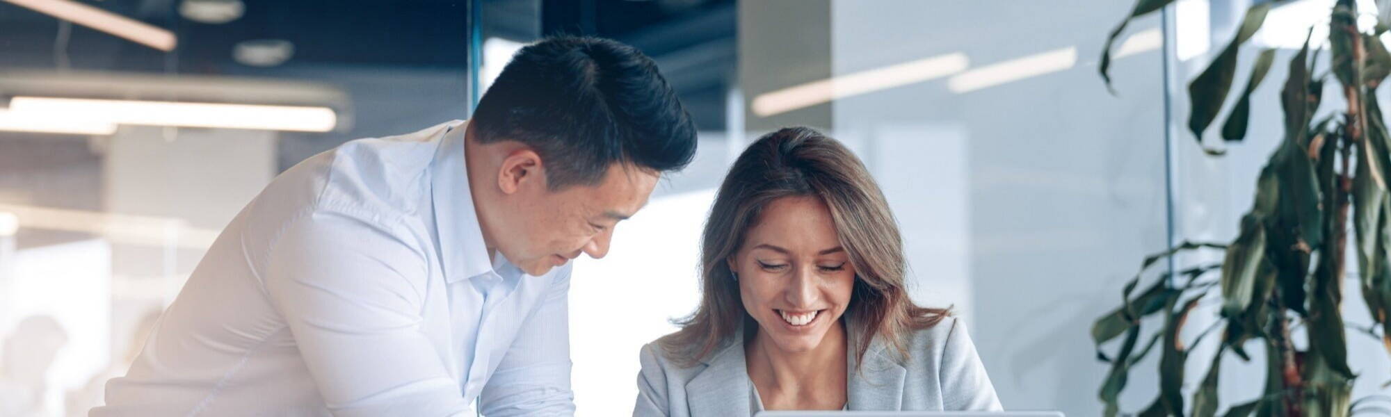 Professionals working together on a laptop in an office