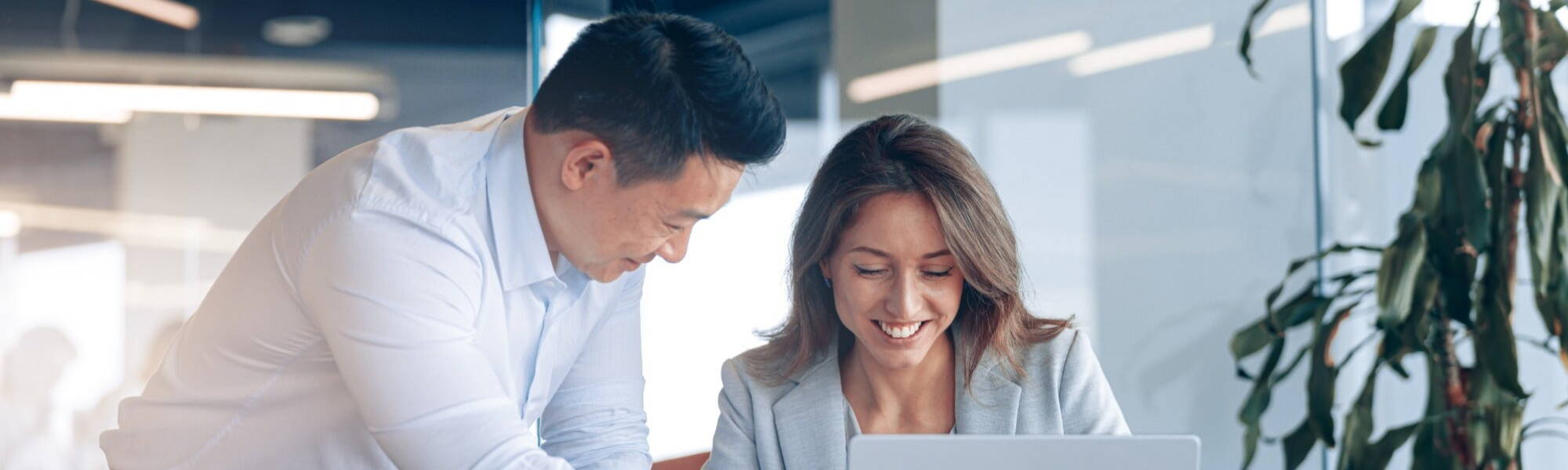 Professionals working together on a laptop in an office